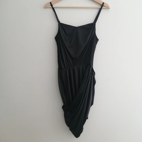 All Saints Kaya Drape Front Asymmetric Satin Black Mini Dress Spaghetti Straps 0 - Picture 3 of 16